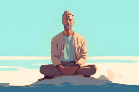 Man meditating on the beach. Vector illustration in retro style.の素材