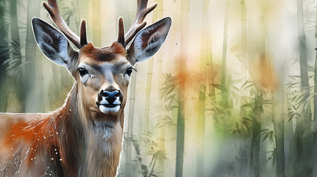 Digital painting of a wild deer in a bamboo forest. Digital painting.の素材