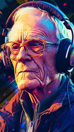 Portrait of an old man with headphones. Colorful illustration.の素材