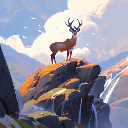 Mountain landscape with a deer on a cliff. Vector illustration.の素材