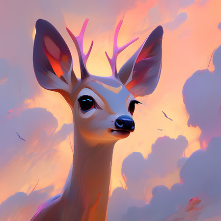 3D illustration of a young deer in the sky at sunset.の素材