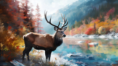 Digital painting of a wild deer in the autumn forest by the river.の素材