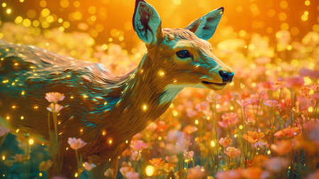 Fawn in a meadow of flowers. 3d rendering.の素材