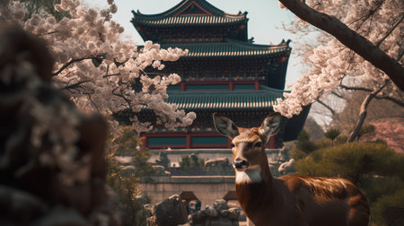 Deer in front of the temple in the park with cherry blossomの素材