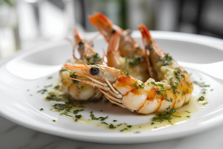 Grilled shrimps with lemon and parsley on white plateの素材