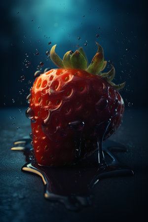 Strawberry dripping with water drops on dark background. 3d illustrationの素材
