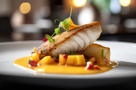 Fish fillet with mango sauce on a white plate in a restaurantの素材