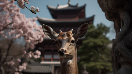 Portrait of a deer in front of a buddhist templeの素材