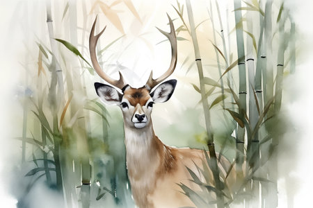 Watercolor illustration of a deer in a bamboo forest. Digital painting.の素材