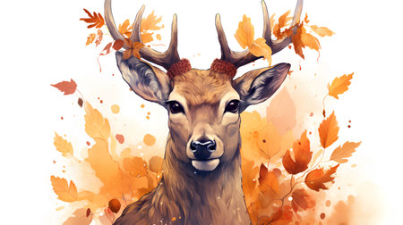 Hand drawn portrait of a deer with antlers and autumn leaves.の素材