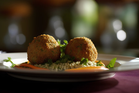 Delicious falafel with rice and vegetables on a plate.の素材