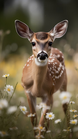 Young whitetail deer fawn standing in a field of daisiesの素材