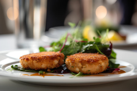 Fish cutlets with salad on a white plate. Selective focus.の素材