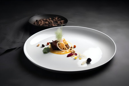 Dish of food on a dark background. Food styling and restaurant meal serving.の素材