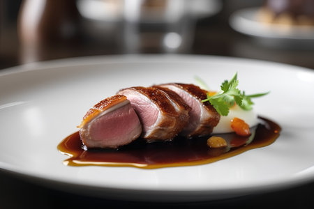roasted duck breast with sauce on a white plate in a restaurantの素材