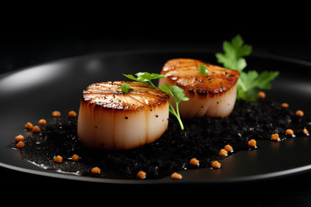Grilled scallops with black caviar and parsley on black plateの素材