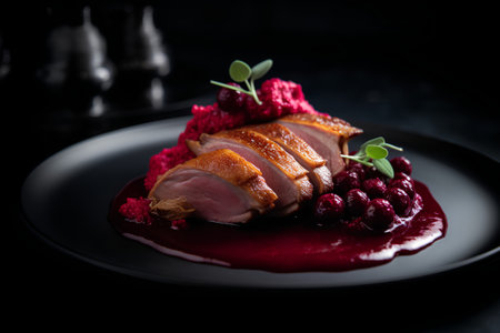 roasted duck breast with berry sauce on a black plate, selective focusの素材