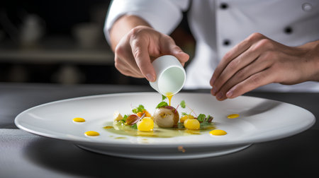 Chef decorating scallops with sauce on a white plateの素材