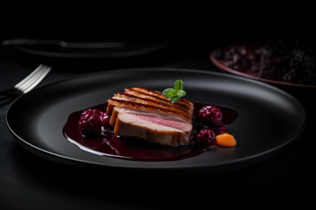 Roast duck breast with berry sauce on a black plate.の素材