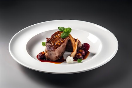 steak with cranberry sauce on a white plate on a black backgroundの素材