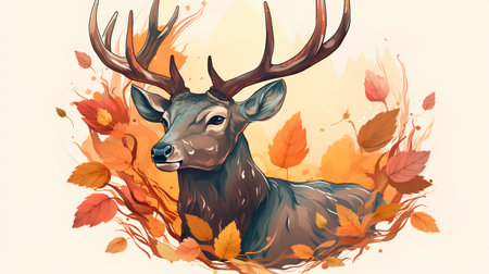 Deer with big antlers and autumn leaves. Vector illustration.の素材
