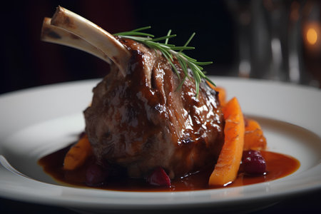 Lamb Chops with Carrot and Rosemary on a White Plateの素材