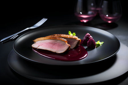 Sliced duck breast with berry sauce on black plate.の素材