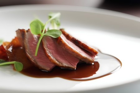 sliced duck fillet with sauce on a white plate closeupの素材