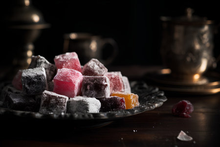 Turkish delight on a black background. Selective focus. Toned.の素材