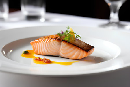 Salmon Steak with Lemon and Sauce on a White Plate.の素材