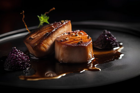 Delicious grilled foie gras on a black plate. Selective focus.の素材