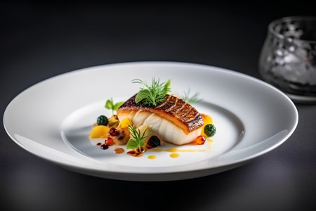 Seafood fillet on a white plate on a black backgroundの素材