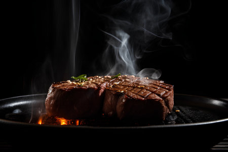 Grilled beef steak on a frying pan with smoke on black backgroundの素材