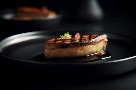 Grilled tuna steak on black plate on black background. Close up.の素材