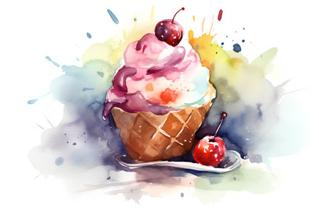 Watercolor ice cream in a waffle cup with cherry. Vector illustration.の素材