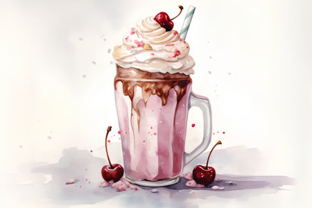 Watercolor illustration of milkshake with whipped cream and cherriesの素材