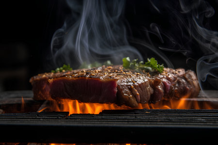 Grilled beef steak on a barbecue grill with smoke on black backgroundの素材