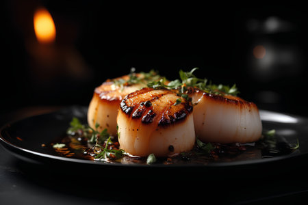 Grilled scallops with herbs on black plate over dark backgroundの素材
