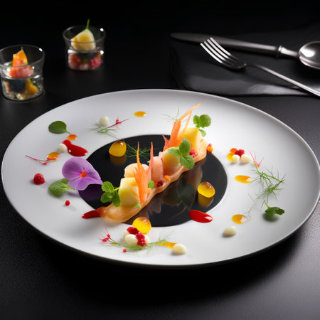 Canape with salmon, cream cheese and vegetables on a black backgroundの素材