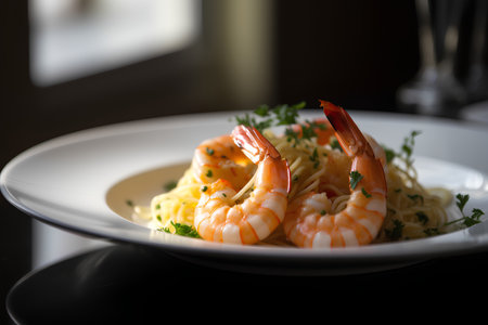 Pasta with shrimps and parsley on a black backgroundの素材
