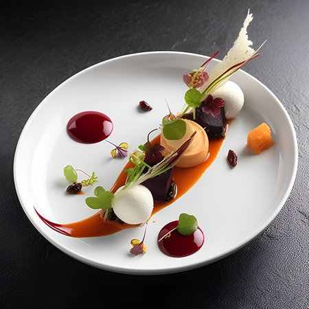 Dessert with ice cream and berries on a white plate on a black backgroundの素材