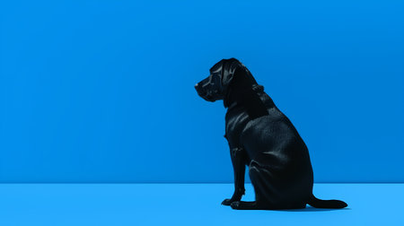 Black dog sitting on a blue background. 3d render illustration.の素材