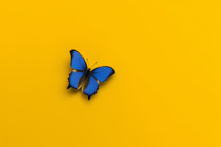 Blue butterfly isolated on yellow background with copy space. Flat lay.の素材