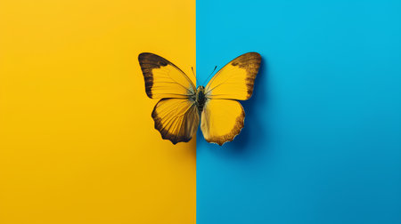 Creative layout made of yellow butterfly on blue and yellow background. Minimal concept.の素材