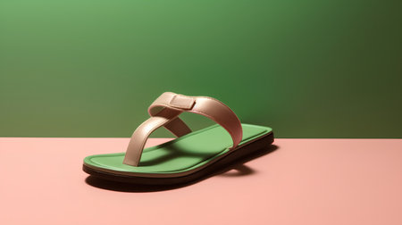 Green flip flops on a pink and green background. 3d renderの素材