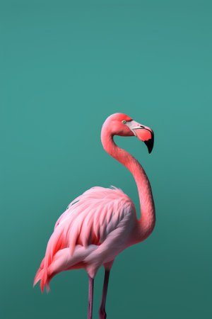 Pink flamingo on a green background. 3d illustration. Render.の素材