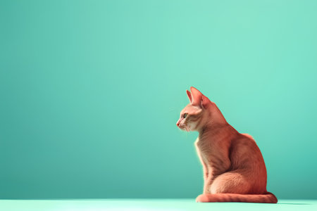 Portrait of a red cat sitting on a turquoise backgroundの素材