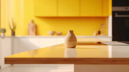 Close up of wooden vase on table in modern kitchen. Mock up, 3D Renderingの素材