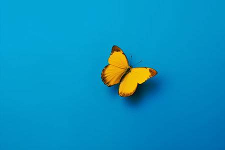 Yellow butterfly on a blue background. Minimal concept. Copy space.の素材