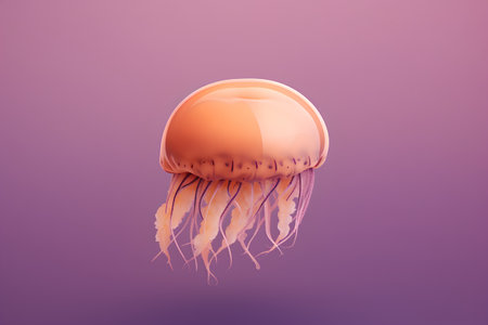 Orange jellyfish isolated on purple background. 3d render illustration.の素材